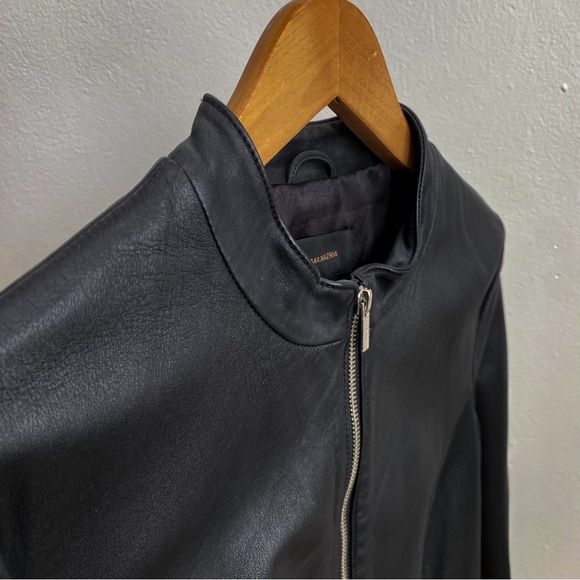 BCBGMaxAzria Leather Black Bomber Jacket Minimalist Collarless Luxury Timeless S - Picture 6 of 9